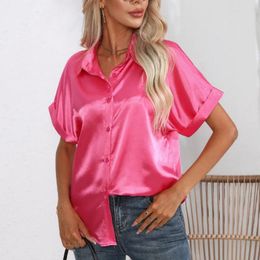 Women's Blouses Summer Loose Satin Casual White Shirt Women Short Sleeve Button Up Silk Blouse Elegant Office Lady Solid Tops Blusas