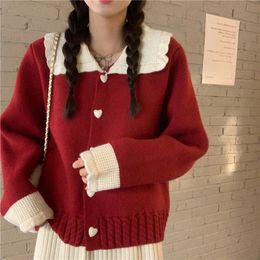 Women's Sweaters Heart Buttons Turn Down Collar Cardigans Women Christmas Patchwork Long Sleeve Sweaters Woman Korean Knitting Cardigan Female 231130