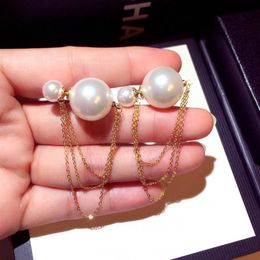 New trendy fashion luxury designer cute lovely double sided pearl chain stud earrings for woman girls264r