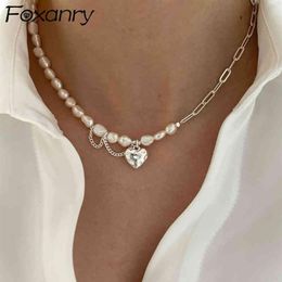 Foxanry 925 Sterling Silver Necklace for Women Trendy Elegant Asymmetry Chain Pearls Smooth Love Heart Bride Jewellery Lover Gifts271a