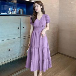 Casual Dresses Spring Fashion V-neck Ruffle Solid Chiffon Dress Women 2023 Summer Fall Elegant Purple Sundress Party Club