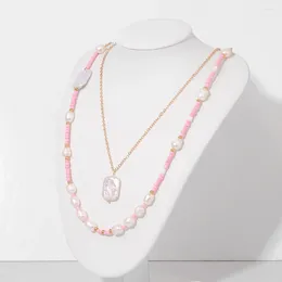 Pendant Necklaces Pink Cute Seed Beads Chain Neckalces Natural Baroque Pearl Choker Double Layers For Women Holiday Jewelry Gift