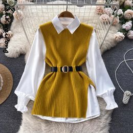 Two Piece Dress LKF Light Luxury Ladies Dress Set Women's Loose Long-sleeved White Shirt Top Slit Knitted Vest Two-piece Set 231130