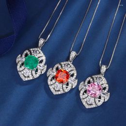 Pendant Necklaces EYIKA Luxury Vintage Green Fusion Stone Zircon Hollow Flower Necklace Women Square Orange Pink Crystal Colar Jewellery