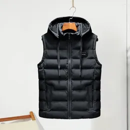 Men's Vests Men Winter Waistcoat Windproof Cotton Vest With Hood Pockets Zipper Closure Thick Warm Soft Sleeveless