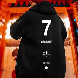 Men's Hoodies High Quality Street Style Vintage Black White Number Seven Letter Print Pure Cotton Thicken Sweatshirts