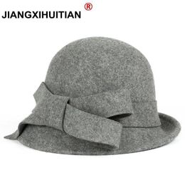 Wide Brim Hats Bucket Hats Winter warmth Fashion Bow Fedora Lady Hat Dome Elegant Ladies Real wool Topper For Women Bowknot Winters Hats For Women 231130