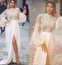 Prom Dresses White Plus Size Evening Gown Party Formal Zipper Lace Up New Custom Applique Long Sleeve Mermaid High Neck Satin Thigh-High Slits