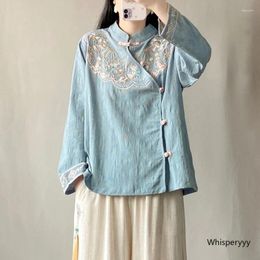 Ethnic Clothing Chinese Style Retro Jacquard Cotton And Shirt Female China Stand Collar Cardigan Zen Suit Long-sleeved Top