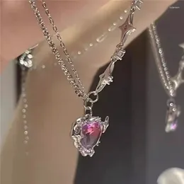 Pendant Necklaces Y2K Purple Crystal Heart Necklace Fashion Kpop Shiny Clavicle Chain For Women Girls Trend Party Gifts Jewellery 2023