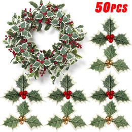 Decorative Flowers 50/5Pcs Artificial Holly Leaves Red Berries Flower For DIY Christmas Wreath Ornament Gifts Home Year Decorations