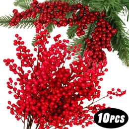 Decorative Flowers 10/1Pcs Christmas Red Berries Artificial Flower Fruit Cherry Plants Xmas Tree Ornaments DIY Navidad Party Decoration