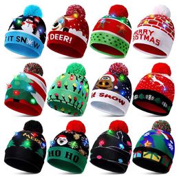 2024 LED Light Up Christmas Beanie Hats Winter Snow Sweater Knitted Hat with Lights Illuminate Warm Hats for Kids Adults New Year Xmas Party Supplies