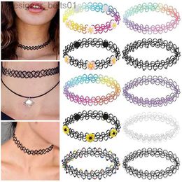 Chokers 12Pcs/Set Collares Stretch Tattoo Choker Necklaces For Women Vintage Elastic Flower Necklace Jewellery Girls Bead Vibrant ChokersL231201