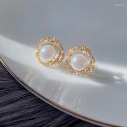 Stud Korean Design Fashion Jewelry Exquisite Zircon ed Flower 14K Gold Earrings Elegant Women Pearl Prom Party EarringsStud S222m
