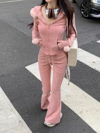 Women's Two Piece Pants Sweet Girl Casual Sports Suit Autumn/Winter Pink Plush Hooded Coat Flare Two-piece Set Fashion Female Clothes