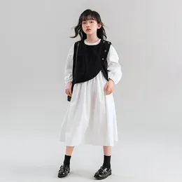 Clothing Sets 10 To 12 Years Girls Skirts Outfit Set Long Sleeve White Dress Black Waistcoat Korean Japan Elegant Style Suits