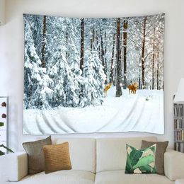 Tapestries Merry Christmas Tapestry Deer Wall Tapestry Snow Forest Woodland Winter Nature Landscape Tapestries For Xmas Home Decoration 231201