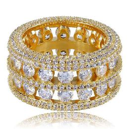 Mens 2 Row Channel Set Hollow 360 Eternity Band Gold CZ Bling Ring Full Simulated Diamonds Micro Pave Set Stones Hip Hop Rings326i