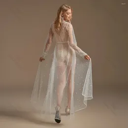 Women's Sleepwear Pearl Wrist Long Sleeve Wedding Jacket Tulle Robe Party Shawl BOLERO Floor-Length Bridal Cape Sexy Pearsl Coat