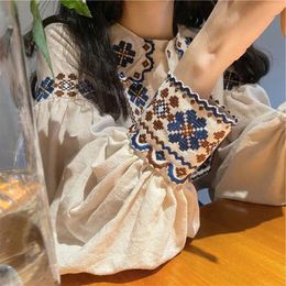 Basic Casual Dresses QWEEK Women s Blouse Vintage Harajuku Oversized Shirt Long Sleeve Top Embroidery Elegant Female Chic Retro Clothes Autumn 231201