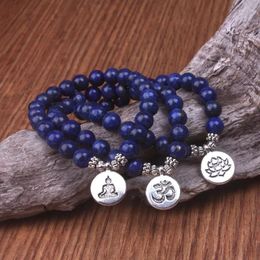 Strand 6MM Or 8MM Natural Lapis Lazuli Bracelet Fashion Buddha OM Lotus Yoga Bracelets Men's Women's Jewellery Simple Design Bule Beads