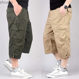 Men's Pants Long Length Cargo Shorts Men Summer Multi-Pocket Casual Cotton Elastic Capri Pants Men Military Tactical Short Hot Breeches 5XL YQ231201