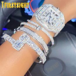 Bangle Iced Out Bling Opened Square Zircon Charm Bracelet Gold Silver Colour Baguette AAA CZ Bangle For Men Women Hiphop Jewellery 22302O