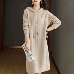 Casual Dresses Hooded Loose Sweater Dress Beige Color Winter Long Jumpers Full Sleeves Crew Thread Clothes Y2k Vestidos