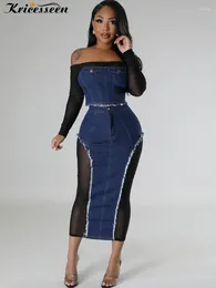 Work Dresses Kricesseen Sexy Denim Mesh Patchwork Sheer Two Pieces Skirt Set Women Strapless Long Sleeve Top And Midi Clubwear Suits