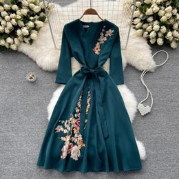 Casual Dresses Temperament V-neck Lace-up Knee-length Dress For Women Exquisite Floral Embroidery Elegant