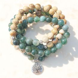 SN1005 Moss Agate Picture Jasper 108 Mala Beads Yoga Necklace Tree Of Life Mala Wrap Bracelet Everything About Nature and Meditati212T