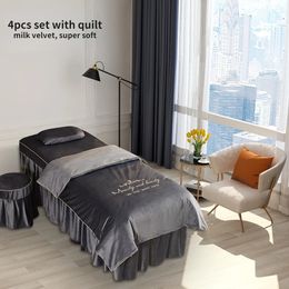 Bedding sets Winter Thicken 4pcs Milk Velvet Luxury Bedding Sets for Beauty Salon Massage Spa Tuina Embeoidery Lace Bedskirt Sets with Insert 231130