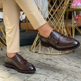 Dress Shoes Black Men Formal Brown Loafers Slip-On Round Toe Business Double Buckle Monk For With