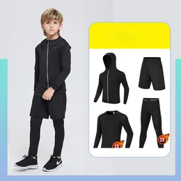 Running Sets 4 Piece Sports Suits For Teenager Boys Compression Fitness Training Gym Outfits (Long Sleeve Top Leggings Shorts Jacket)