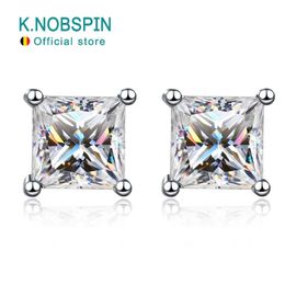 Stud KNOBSPIN D Colour Princess Cut Earring s925 Sterling Sliver Plated with 18k White Gold Earrings for Women Fine Jewellery 231130