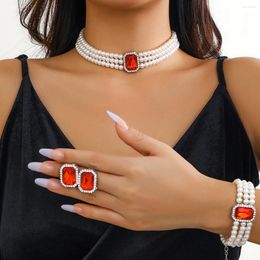 Necklace Earrings Set IngeSight.Z Classic Red Rhinestone Crystal Women Elegant Multi-layer Imitation Pearl Bracelet