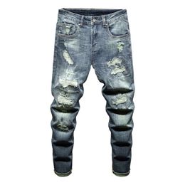 Hip Hop Men Ripped Denim Pants Patches For Jeans Slim Straight Distressed Stretch Male Blue Trousers Motocyble Punk Style