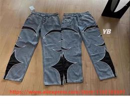 Men's Jeans High Street Blue Thug Club Men Women Black Star Denim Pants Back Path Logo Pocket Zip Straight Trousers