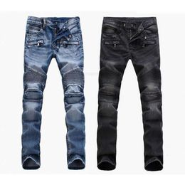 Men's Jeans Fashion foreign trade light blue black jeans pants motorcycle biker men washing to do the old fold Trousers Runway Denim