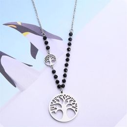 Pendant Necklaces Stainless Steel Tree Of Life Necklace Black Crystal Chain Long Collier Bijoux Elegant Women Jewelry Fashion Drop284y