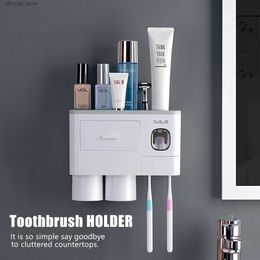 Toothbrush Holders Bathroom Toothbrush Holder Wall Mounted Bathroom Storage Rack Double Automatic Toothpaste Dispenser with Cups Q231202