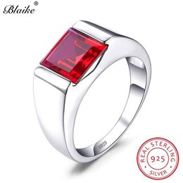 Boho Real s925 Sterling Silver Wedding Rings For Men Women Red Ruby Stone Square Zircon Engagement Ring Male Party Fine Jewelry 20202U