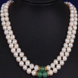 2 ROW 8-9MM SOUTH SEA WHITE GREEN JADE MOTHER PEARL NECKLACE YELLOW CLASP251s
