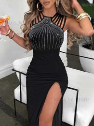 Urban Sexy Dresses Elegant Backless Sexy Maxi Dress Bodycon Rhinestone Split Black Birthday Party Dress 2023 Summer Women Evening Vestidos Clubwear T231202