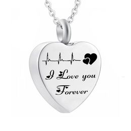 Cremation Jewellery Electrocardiogram Urn Necklace for Ashes I Love you Forever Stainless Steel Heart Memorial Pendant201P