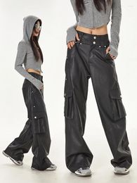 Women's Pants Pu Leather Pant Multi Pocket Techwear Motorcycle Punk Gothic Harajuku Streetwear Cargo Y2k Women Trouser