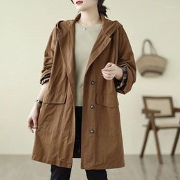 Women's Trench Coats QPFJQD Women Pocket Casual Hooded Loose Retro Autumn Spring Ladies Korean Style Single Breasted Jackets Long Sleeves