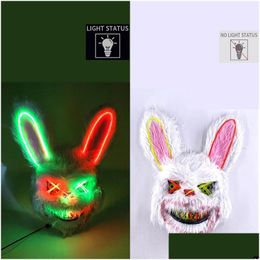 Party Masks Design Scary Neon Glowing Bloody Rabbit Cosplay Bunny Mask Halloween Carnival Costume Luminous Props Led Drop Delivery H Dhlnh