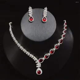 Necklace Earrings Set 2023 Red Blue Cubic Zirconia Silver Colour Long Water Drop Dangle Jewellery For Women Wedding